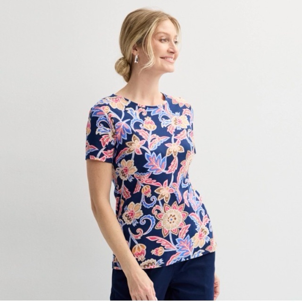 Women's Croft & Barrow® Essential Crewneck Tee/Navy Artisan Blooms/Size XL